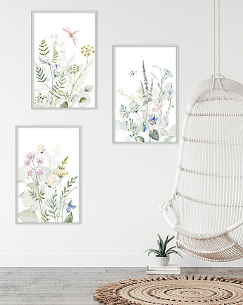 ZESTAW PLAKATÓW botanicznych - łąka, kwiaty, motyle, raspberryEM