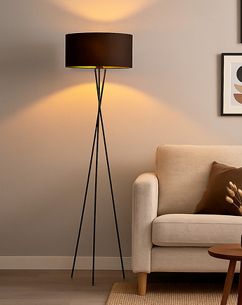 Czarna lampa stojąca na trójnogu do salonu PARYŻ GOLD z abażurem, LYSNE