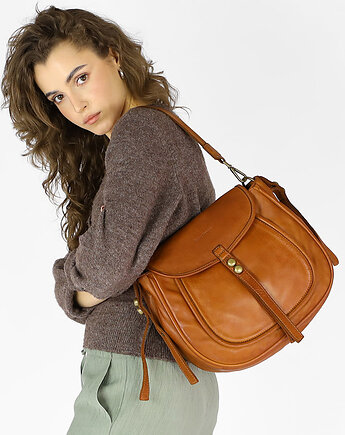 Torebka classic saddle bag ze skóry naturalnej na ramie brąz camel, Marco Mazzini
