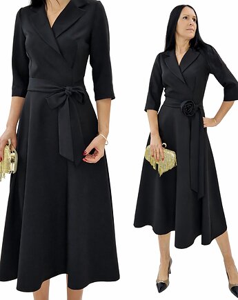 Koktajlowa elegancka sukienka midi z kołnierzem - Czarna, MM FASHION