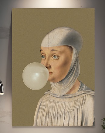 Grafika na płótnie - Kobieta z Gumą Balonową OLIWKOWY, Ravenart