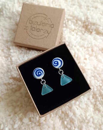 Kolczyki ceramiczne Bolesławiec + szkło z morza, biżuteria z talerzy
