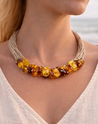 Naszyjnik bursztynowy na lniie boho handmade multikolor, AmberMal