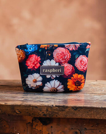 Etui na klucze z czarnego weluru w kolorowe kwiaty handmade, raspberi