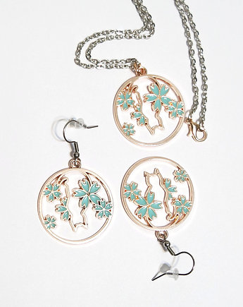 Komplet - Kot w kwiatach - kolczyki i naszyjnik, yenoo