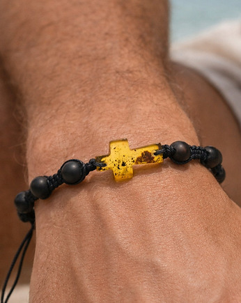 Bransoletka różańcowa męska z bursztynu bałtyckiego, makrama, AmberMal