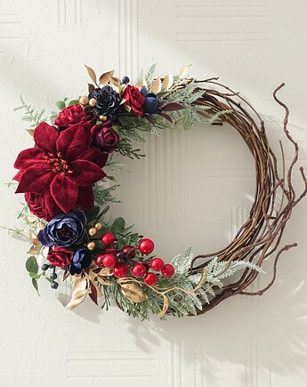 Zimowy wieniec - bordowa poinsecja i głóg (26cm), Lola White