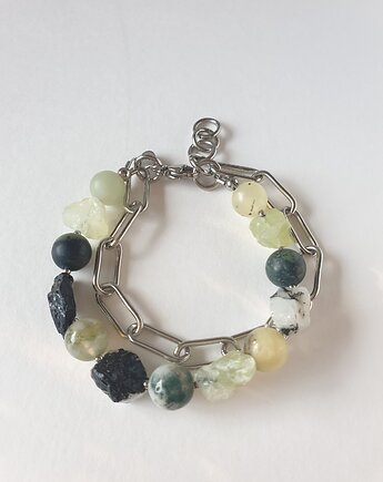 Bransoletka RAW z grubym łańcuchem, prehnit, agat mszysty, czarny turmalin, modesign