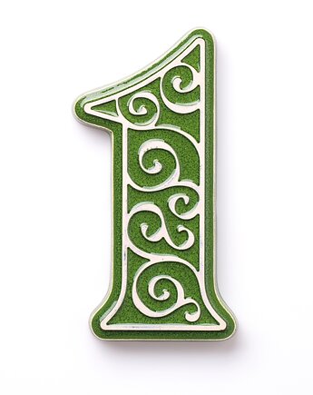 Numer domu, cyfra 1, zielona z jasnym ornamentem, pracowniazona