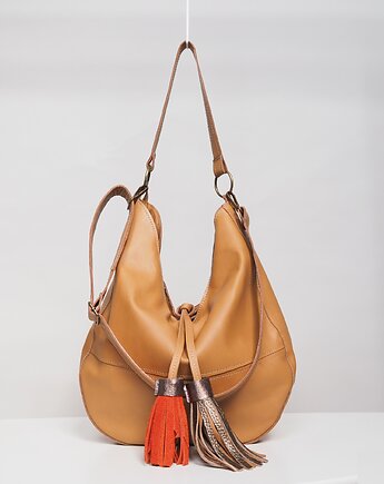 Kamelowa skórzana hobo bag z frędzlami, Łagoda