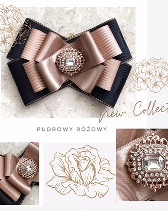 Czarna Brosza z beżem w odcieniu różowego złota, Pudrowy Różowy