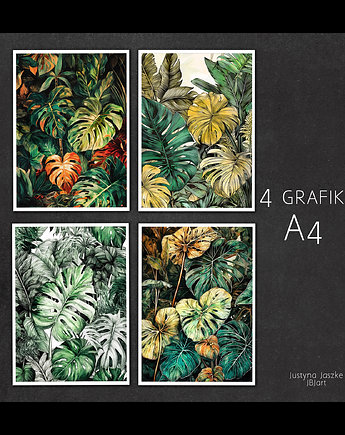 Zestaw 4 grafik A4 - Monstera liście, JBJart Justyna Jaszke