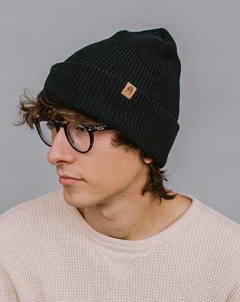 ŁOŚ - gruba wywijana wełniana czapka- czarny, KOPYTO