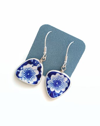 Kolczyki ceramiczne w kobaltowe kwiaty, biżuteria z talerzy