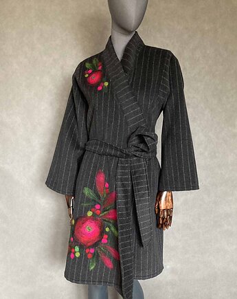 Kimono płaszcz wełna paski kwiaty filowane., PinPin