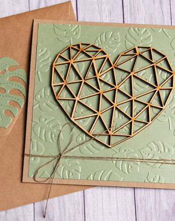 Kartka ślubna - geometryczne serce - monstera, kaktusia