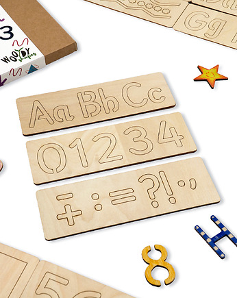 Szablony drewniane dla dzieci // Zestaw 15 szt. // ALFABET I CYFRY, Szablony Nakleo