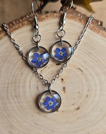 Komplet zawieszka i kolczyki srebrne z kwiatami niezapominajkami, zkwiatem