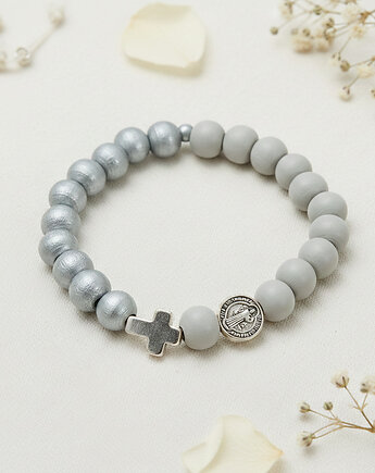 Szaro srebrna bransoletka z krzyżykiem, różaniec na rękę , RĘKODZIEŁO, Yamira Art Studio