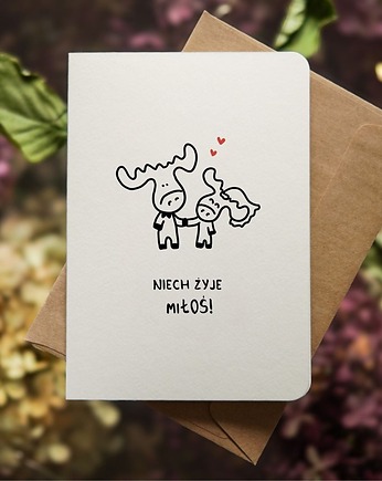 Zabawna kartka ślubna Niech żyje MiŁOŚ, oryginalna grafika, minimalistyczna, Pracownia Faramuszka