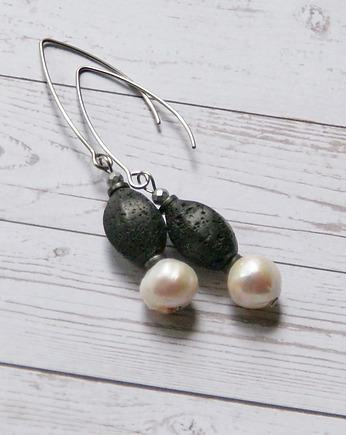 UNIKATOWE kolczyki - perły & lawa, kaktusia