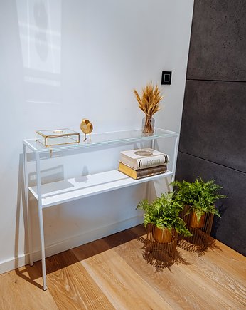 SHIRLEY - konsola ze stalową półką i szybą, konsola, toaletka, biała, Papierowka Simple form of furniture