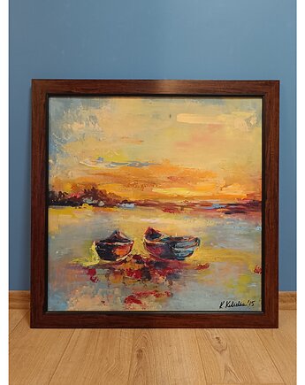 Oprawiony obraz, ręcznie malowany na płycie MDF 70x70 cm - Łódki, Kasia Kulicka