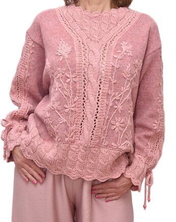 Sweter różowy z warkoczami i haftami, rozmiar XL/XXL, Z drugiej nitki