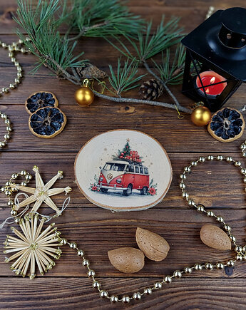 Brzozowa podkładka pod kubek, świąteczna zawieszka - vanlife, Manufa