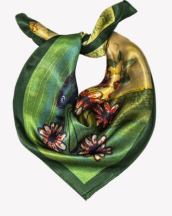 Mała apaszka damska jedwabna zielona w kwiaty 53x53cm, ALLORA BE UNIQUE
