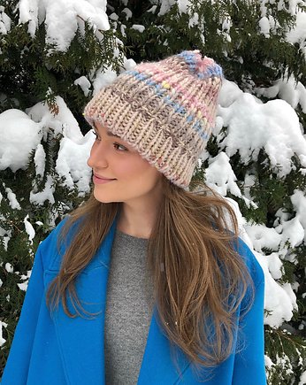 Wełniana czapka handmade kolorowe ozdobne włóczki wełna jasny beż, GANGSTA KNIT