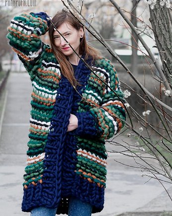 Kolorowy sweter w paski na drutach z wełny, PANAPUFA