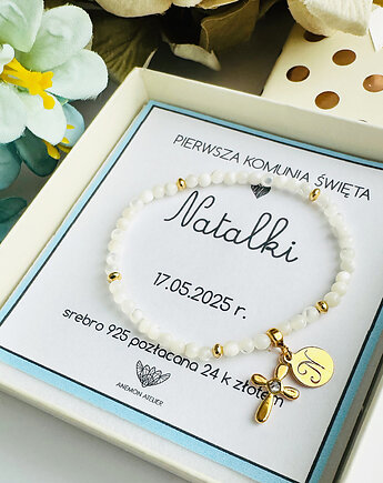 Bransoletka na komunię z literką i krzyżykiem-  prezent  KOMUNIA, Anemon Atelier