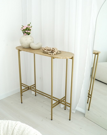 BELONA - konsola w kształcie elipsy z blatem z trawertynu, Papierówka Simple form of furniture