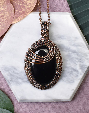 Miedziany wisiorek wire wrapping z czarnym onyksem #441, Spirit Of Copper