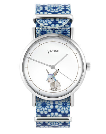 Zegarek - Zając - niebieski, kwiaty, yenoo
