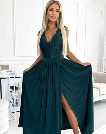 211-6 LEA długa suknia z koronkowym dekoltem - ZIELEŃ BUTELKOWA, NUMOCO