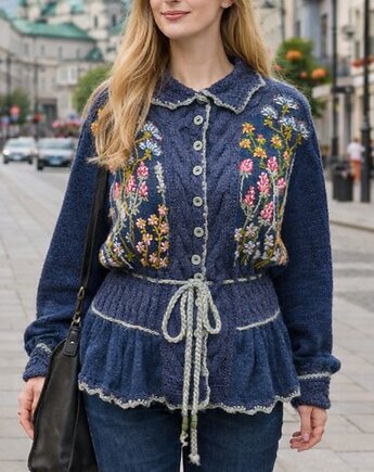 Granatowy kardigan z haftami i falbanką, rozmiar L/XL, Z drugiej nitki