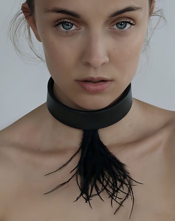 CHOKER skóra naturalna czarny strusie piora naszyjnik boho, Malena Dul