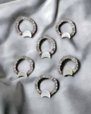 Pierścionek elastyczny: lunula : agat szary, muszla naturalna, kaktusia