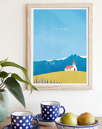 Islandia - kościół Reyniskirkja z czerwonym dachem - plakat fine art, minimalmill