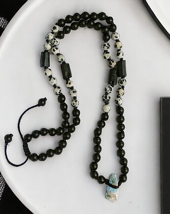 UNIKAT: linaryt, onyks, turmalin, jaspis dalmatyński : naszyjnik MĘSKI, kaktusia