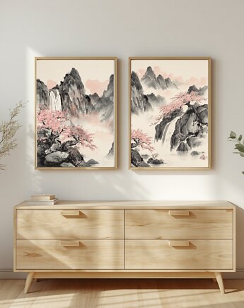 DWA PLAKATY japońskie natura górski krajobraz japandi dekoracja, black dot studio