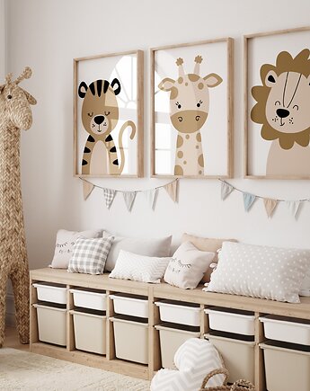 Zestaw 3 plakaty lew, żyrafa, tygrys Boho, Mała Pracownia DK