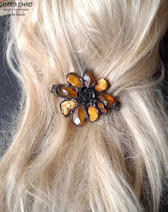 Spinka do włosów bursztynowy kwiat UNIKAT ręcznie robiony prezent lux, Galeria Limart