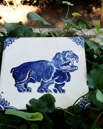 Kafelek ręcznie malowany z hipopotamem, niebieski, azulkafelki