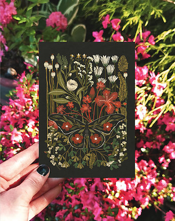 Night garden , kartka okolicznościowa, pocztówka kwiaty, karta botaniczna, OKAZJE - Prezent na Parapetówkę