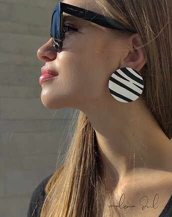 Kolczyki SUN  duże koła skóra naturalna czarno białe zebra, Malena Dul