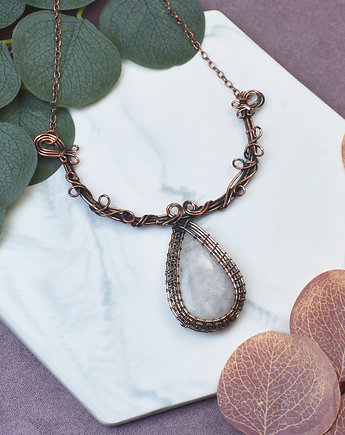 Miedziany naszyjnik wire wrapping z kamieniem księżycowym #504, Spirit Of Copper