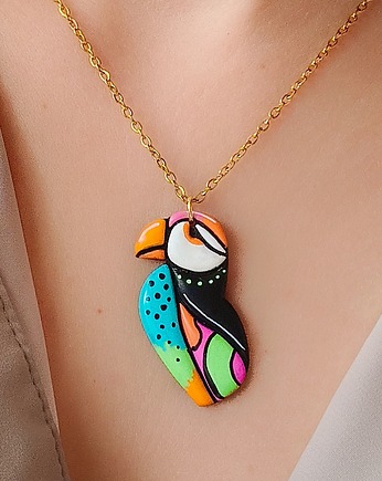 Naszyjnik z maskonurem, kolorowa artystyczna biżuteria z ptakiem, Dary Rusałki